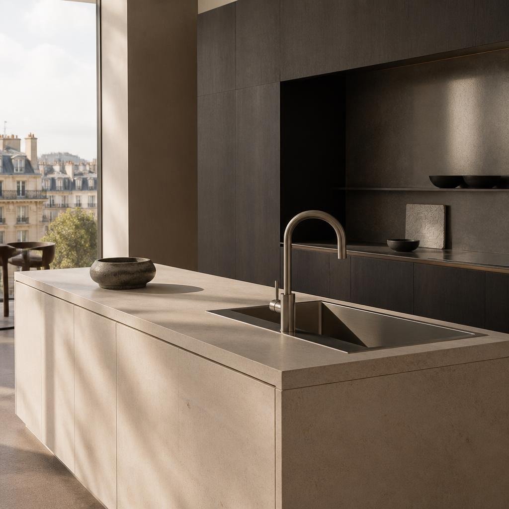 Contemporary kitchen with a sculptural sink and pale stone worktop