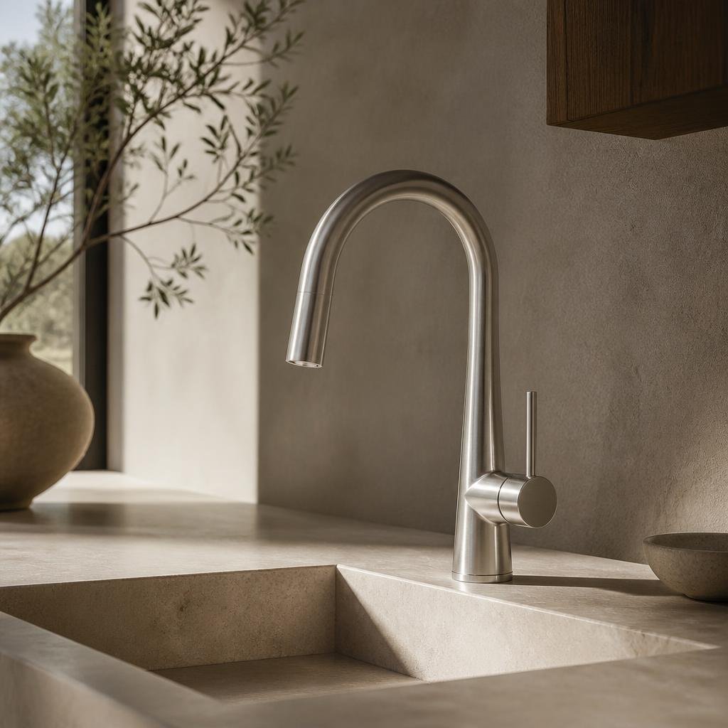ALVEUS mixer detail in a quiet contemporary kitchen